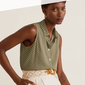 EUC Mango polka dot sleeveless green and white button-down top blouse sz XS